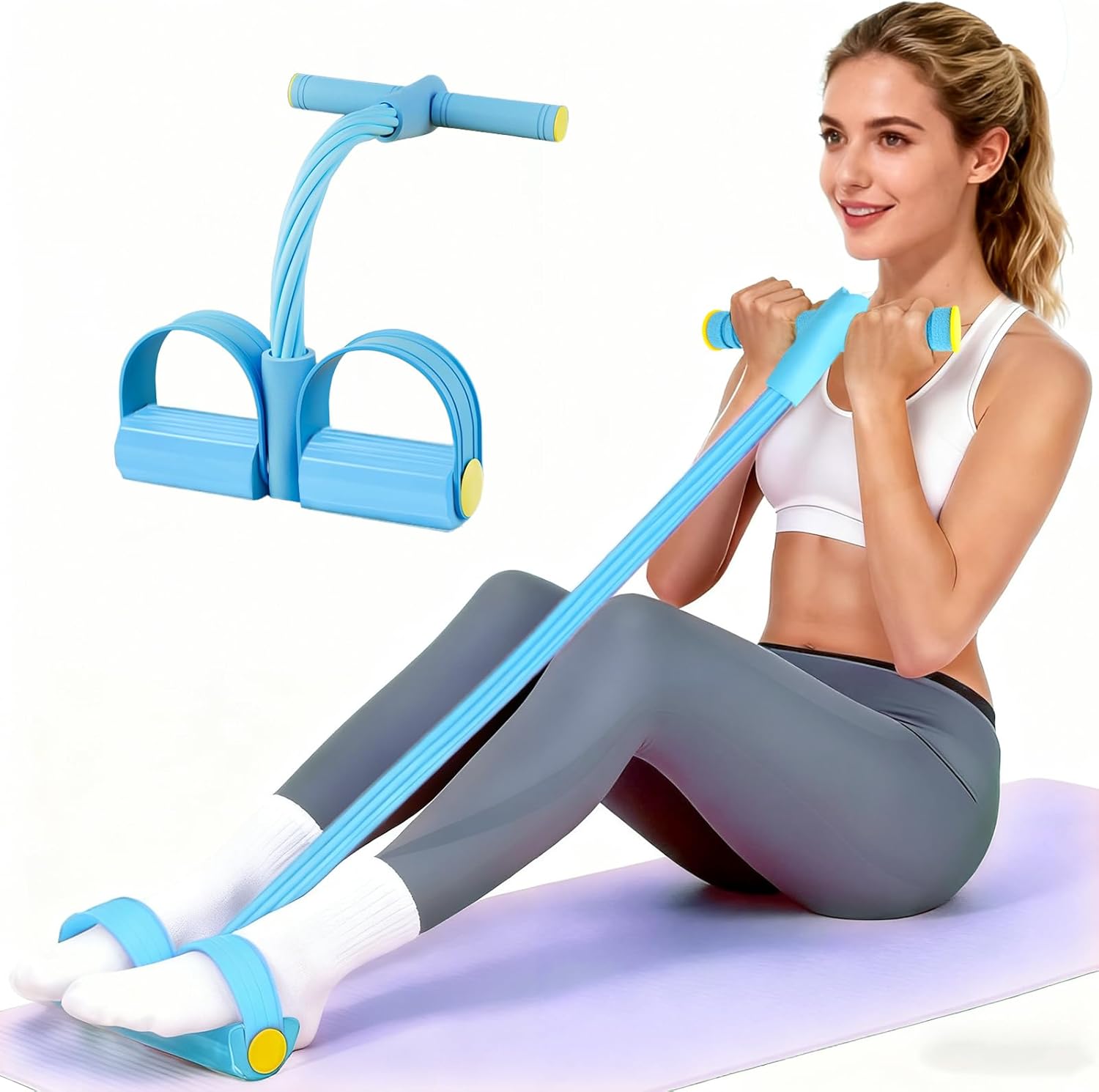 Pedal Resistance Bands with Handles, Upgrade 6-Tubes Manual Tension Training Pedal, Natural Rubber Foot Pedal Resistance Bands, Multifunction Fitness Bands for Abdomen, Waist, Arm, Leg(Blue)