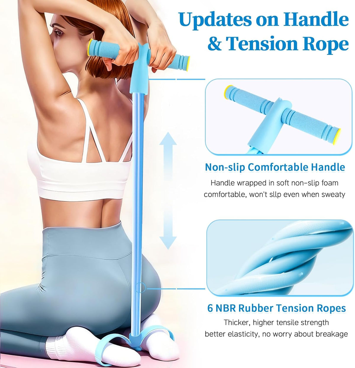 Pedal Resistance Bands with Handles, Upgrade 6-Tubes Manual Tension Training Pedal, Natural Rubber Foot Pedal Resistance Bands, Multifunction Fitness Bands for Abdomen, Waist, Arm, Leg(Blue)