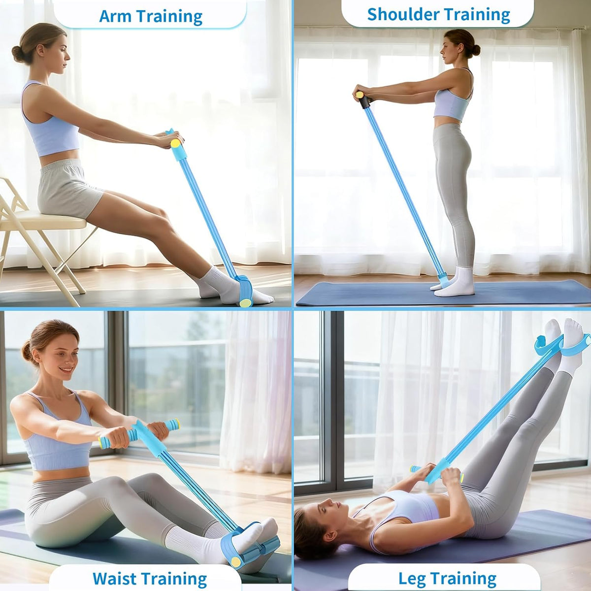 Pedal Resistance Bands with Handles, Upgrade 6-Tubes Manual Tension Training Pedal, Natural Rubber Foot Pedal Resistance Bands, Multifunction Fitness Bands for Abdomen, Waist, Arm, Leg(Blue)