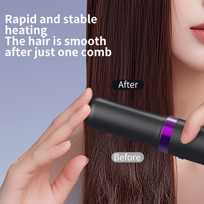 New Portable Hair Straightening Comb, USB rechargeable, 4000mAh battery, includes charging dock. Intelligent digital temperature control, dual use for straightening and curling, long-lasting hold without damaging hair, BLACK