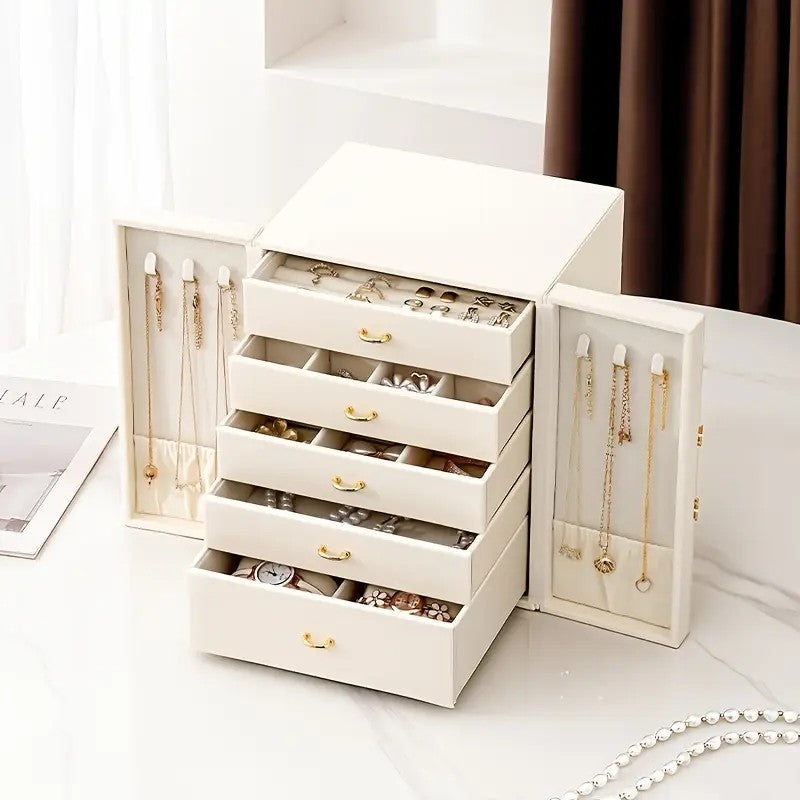 White 1 Large Faux Leather Jewelry Storage Box with 5 Drawers and Gold Handles - An elegant rectangular storage space for rings, necklaces, bracelets, earrings, and watches - Features soft fabric lining, side door design, textured surface finish - Luxur