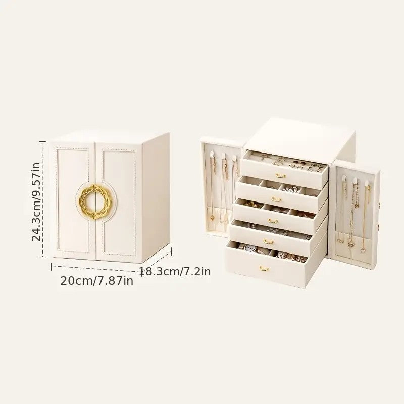 White 1 Large Faux Leather Jewelry Storage Box with 5 Drawers and Gold Handles - An elegant rectangular storage space for rings, necklaces, bracelets, earrings, and watches - Features soft fabric lining, side door design, textured surface finish - Luxur