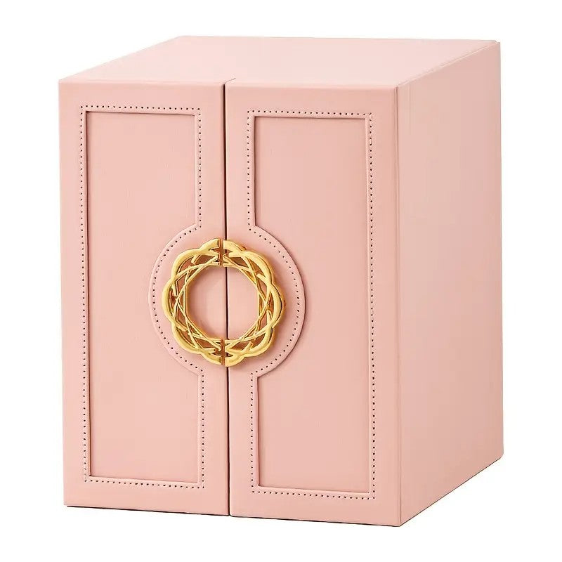 White 1 Large Faux Leather Jewelry Storage Box with 5 Drawers and Gold Handles - An elegant rectangular storage space for rings, necklaces, bracelets, earrings, and watches - Features soft fabric lining, side door design, textured surface finish - Luxur