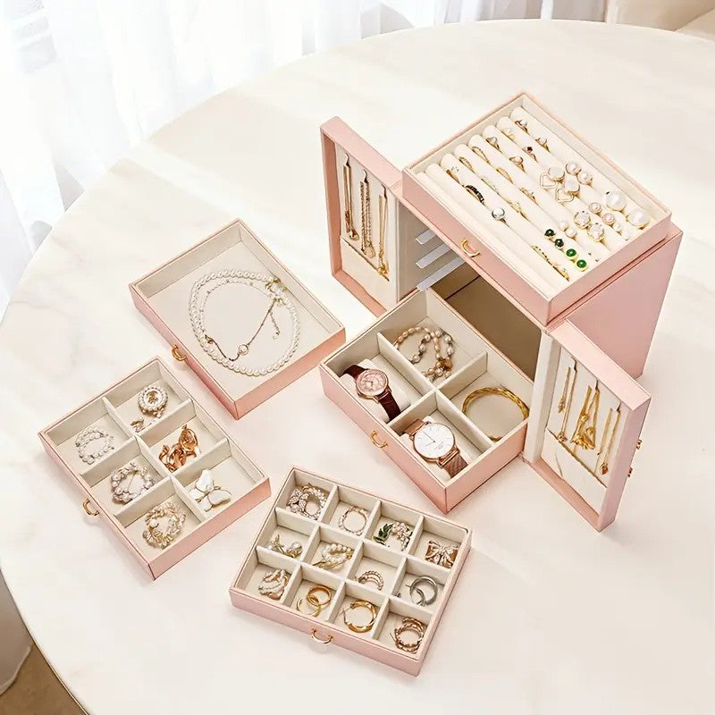 White 1 Large Faux Leather Jewelry Storage Box with 5 Drawers and Gold Handles - An elegant rectangular storage space for rings, necklaces, bracelets, earrings, and watches - Features soft fabric lining, side door design, textured surface finish - Luxur