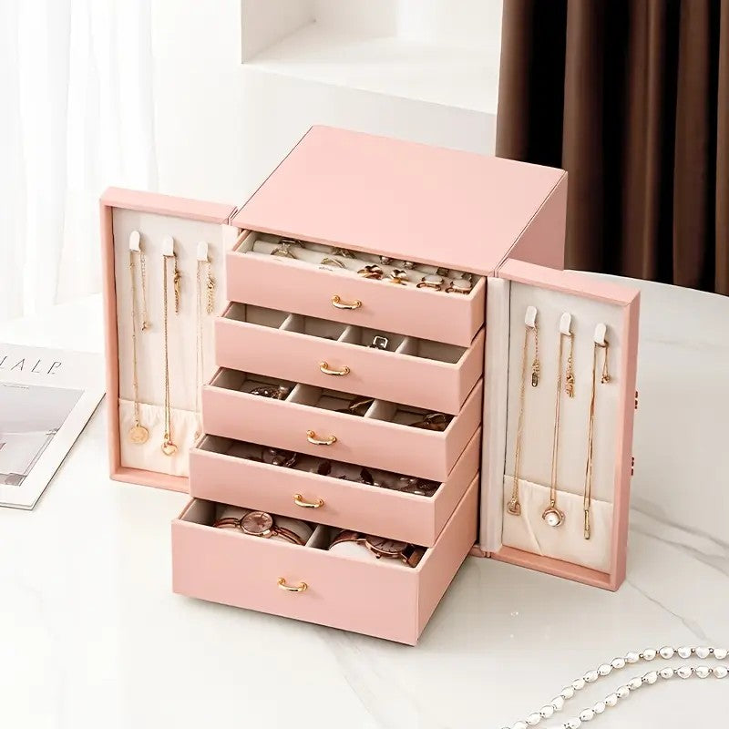 White 1 Large Faux Leather Jewelry Storage Box with 5 Drawers and Gold Handles - An elegant rectangular storage space for rings, necklaces, bracelets, earrings, and watches - Features soft fabric lining, side door design, textured surface finish - Luxur
