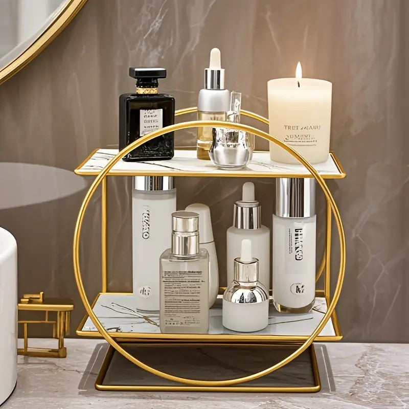 Elegant Golden Two-Tier Metal Cosmetic Organizer Stand - Luxury Countertop Makeup and Skincare Storage Shelf, Ideal for Bathroom Vanity, Home Decor, Dressing Table Accessories, and Perfume Storage