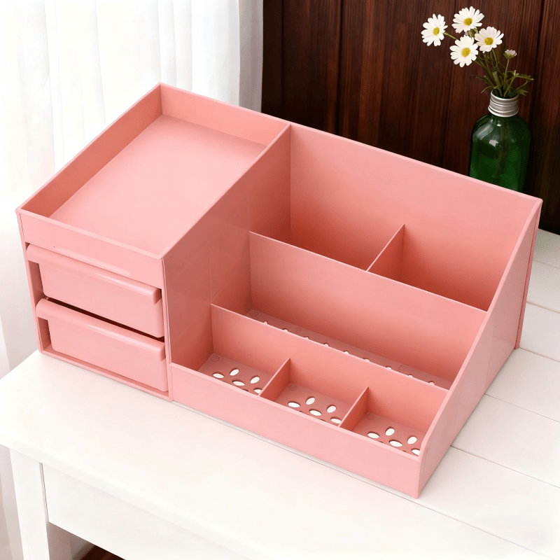 Pink Multi-Compartment Large-Capacity Desktop Storage Box Keeps vanity tables and desks neat and organized—lipsticks, masks, makeup brushes all stored in one box. Easy access, seamlessly fits into various settings.