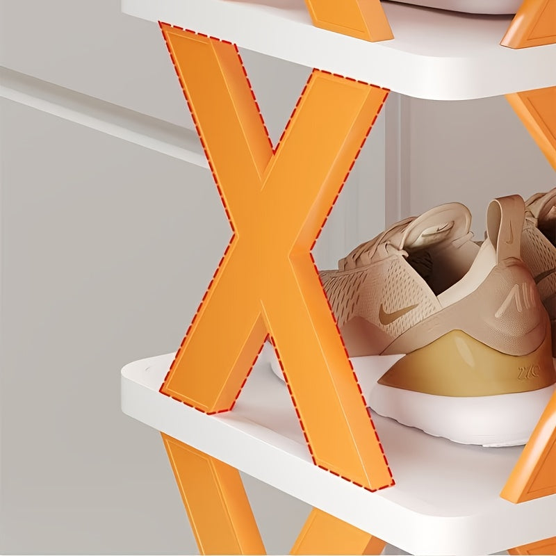 6-Tier Foldable White/Orange Shoe Rack, space-saving vertical design for entry halls, living rooms, bedrooms, closets, balconies—an essential organizing storage shelf for college dormitories.