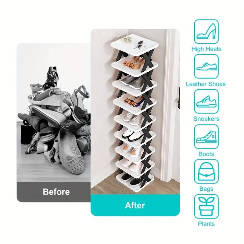 6-Tier Foldable White/Orange Shoe Rack, space-saving vertical design for entry halls, living rooms, bedrooms, closets, balconies—an essential organizing storage shelf for college dormitories.
