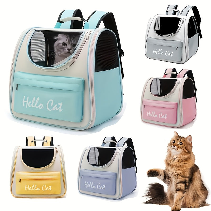Hello Cat Nylon Pet Backpack, Large Capacity Foldable Travel Carrier with Zipper Closure, Easy Access for Cats and Small Dogs, Pet Travel Bag with Handle for Puppies and Kittens(BLUE)