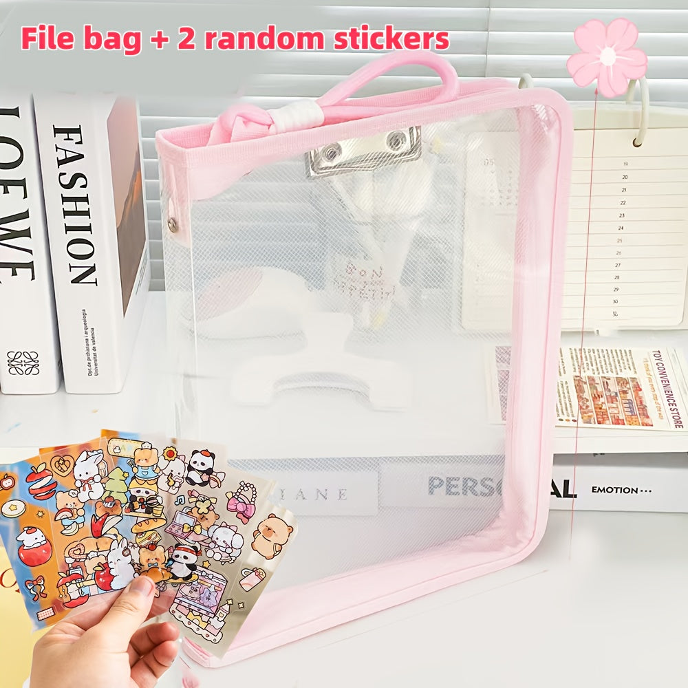 Macaron Candy Student File Bag + PET Animal Stickers - Hand-Carry Large Capacity Waterproof A4 Zipper Transparent Exam Paper & Textbook Storage Bag, Folder(blue)