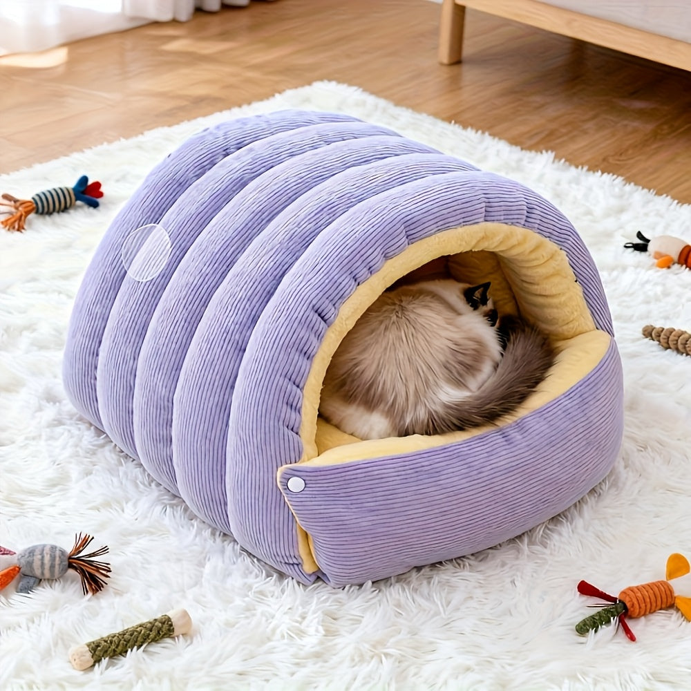 High-Elasticity Warm Cat Bed: 57×37×28cm Wrapped Design, Striped Fleece + Arctic Fleece Heat Retention, Removable & Washable(light purple)