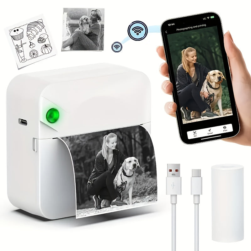 (White)Inkless Sticker Printer Mini Thermal Printer with Roll Thermal Paper, Wireless Pocket Printer, Smart Portable Receipt Printer for Photos, Diaries, Notes, and Preparation Work.