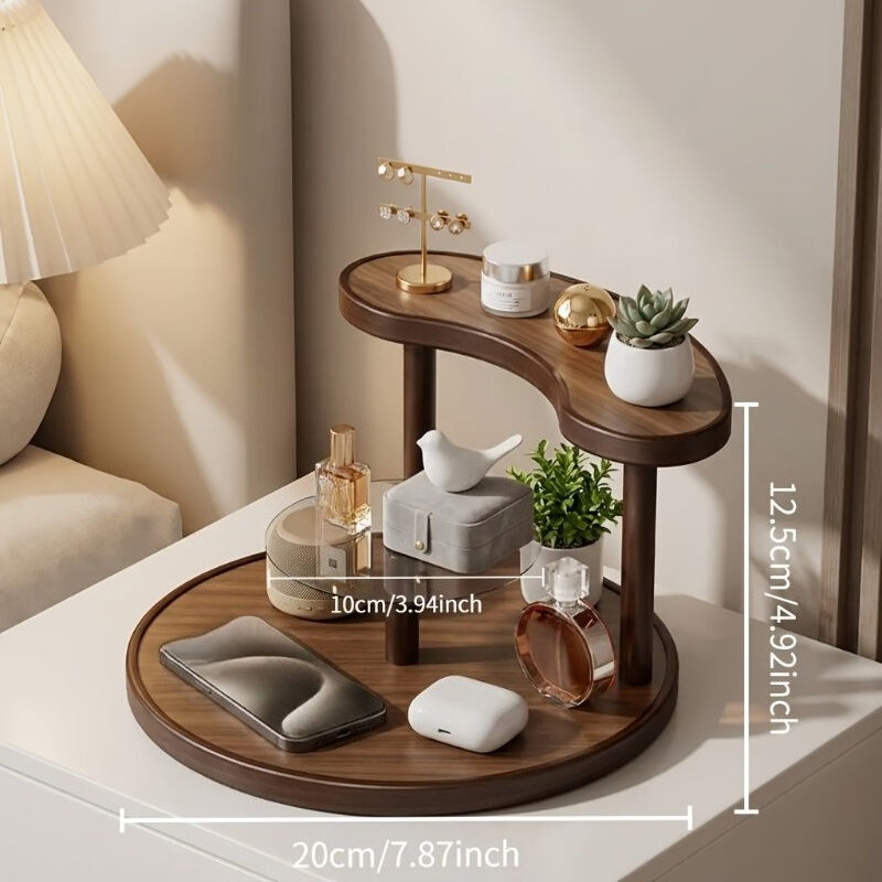 Three-tier Rotating Cosmetic Organizer, Wooden Bathroom Vanity Storage Rack, Suitable for Skincare Products, Perfumes, and Cosmetics — A Space-Saving Countertop Display Stand. Perfect for Placing on Coffee Tables, Office Desks, (Walnut-colored acrylic v