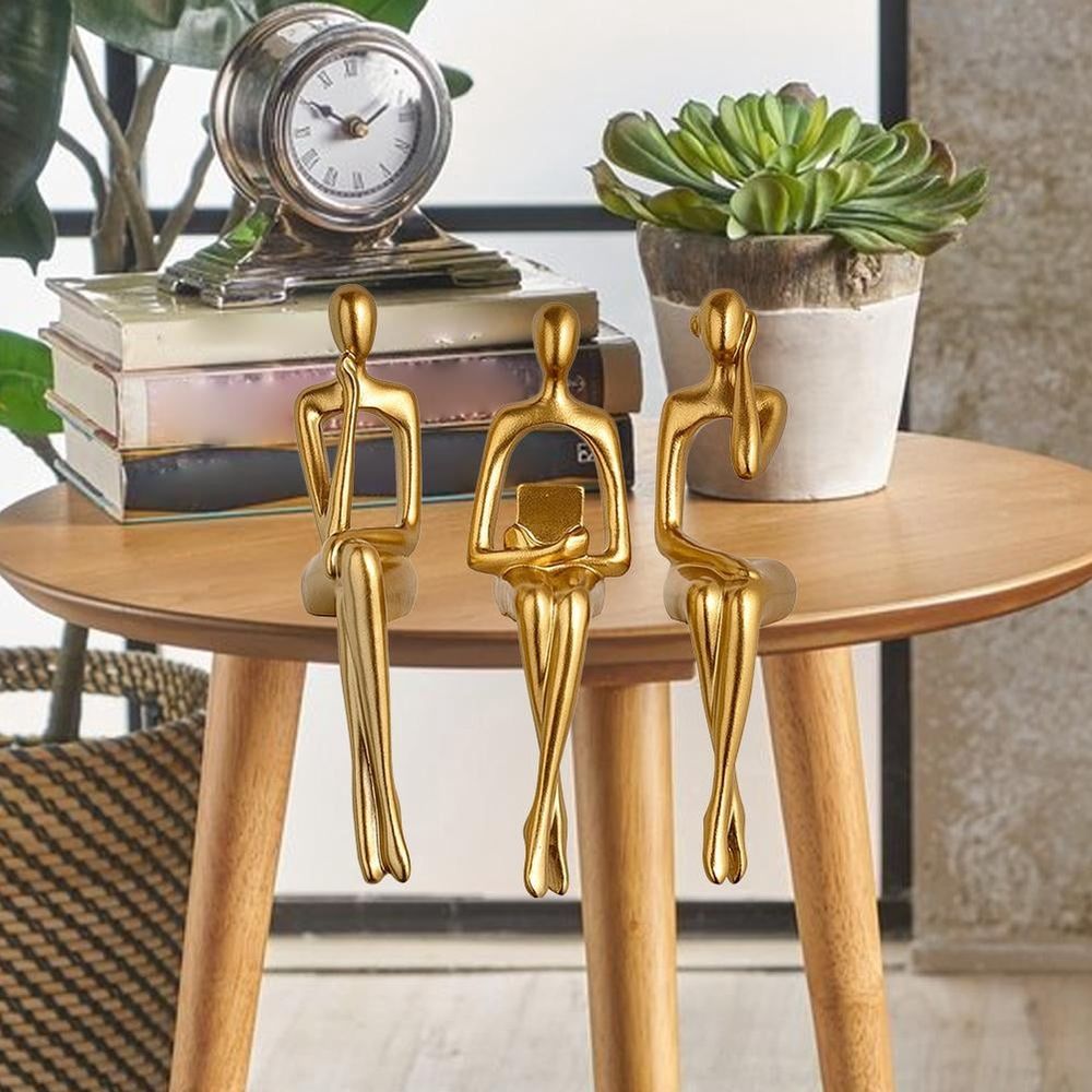 3PCS Gold Thinker Statue Book Shelf Decor, Minimalist Modern Decor Collectable Abstract Ornament Offi Statue Figurines