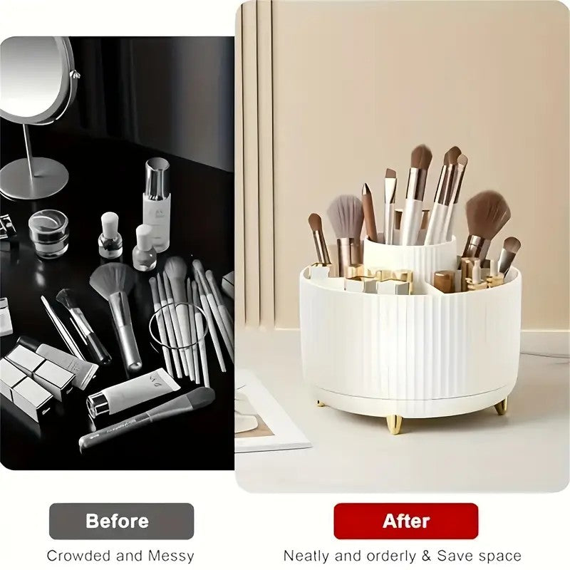 360° Rotating Multi-Compartment Makeup Brush Holder: Luxurious Vertical Texture with Golden Feet Design, Scientifically Organized Storage, One Cylinder to Tidy Your Vanity Table(White))