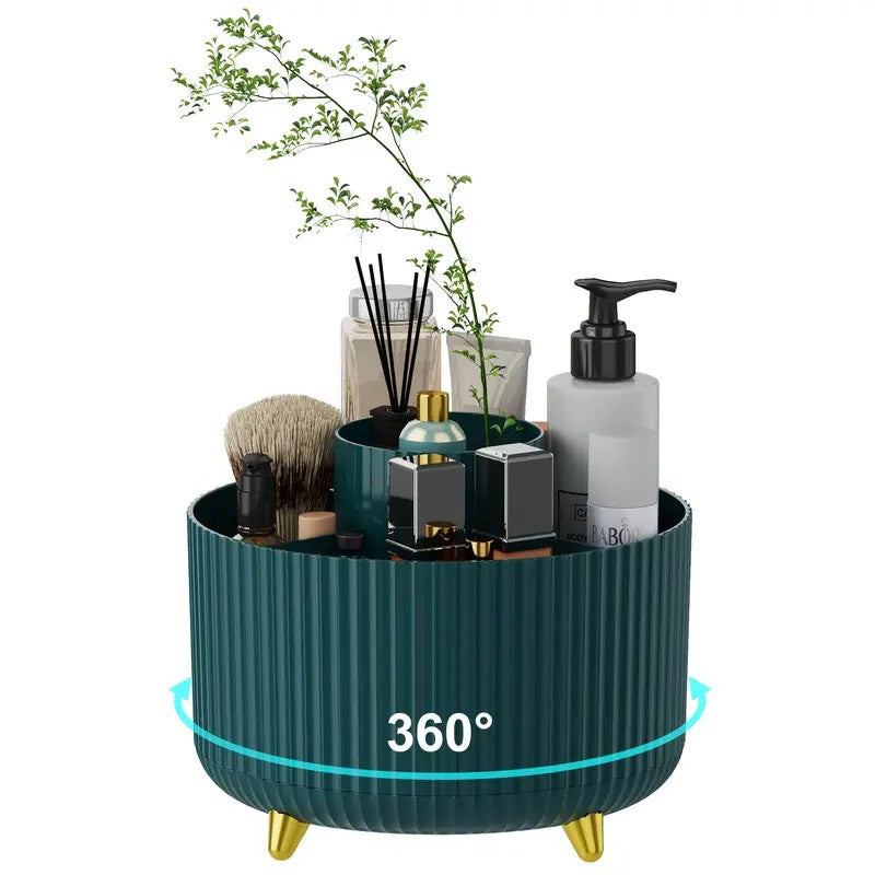 360° Rotating Multi-Compartment Makeup Brush Holder: Luxurious Vertical Texture with Golden Feet Design, Scientifically Organized Storage, One Cylinder to Tidy Your Vanity Table.(Black)