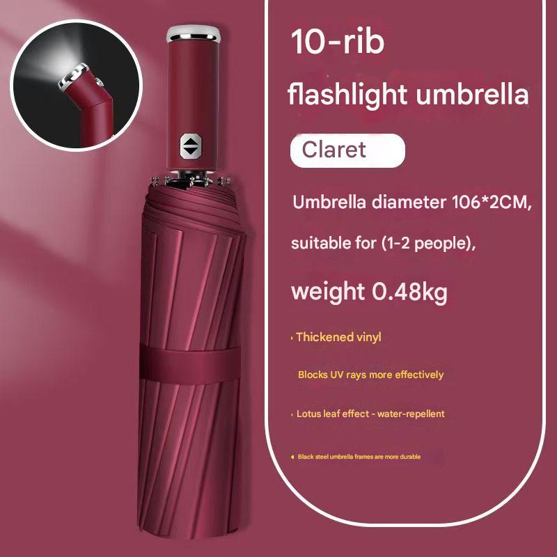 Thickened Black Coating Flashlight Umbrella: 10-rib navy blue dual-purpose umbrella, 106cm large diameter, 0.48kg lightweight with UV protection, lotus leaf water-repellent and black steel frame for durability.