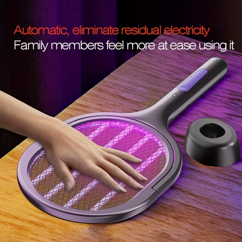 2-in-1 foldable and extendable electric mosquito swatter and purple insect lamp rechargeable fly swatter - USB-powered extendable pole, suitable for indoor, office, backyard, camping - portable mosquito killer, modern aesthetics, durable structure
