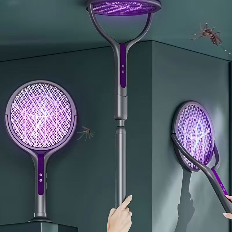 2-in-1 foldable and extendable electric mosquito swatter and purple insect lamp rechargeable fly swatter - USB-powered extendable pole, suitable for indoor, office, backyard, camping - portable mosquito killer, modern aesthetics, durable structure