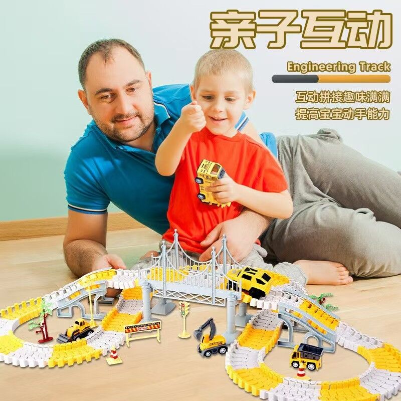 343 track-building sets, track-course - STEM learning toys, construction vehicles (concrete mixers, dump trucks), Track-birthday/Christmas gifts for boys - Developing motor skills and creativity - Compatible with the major