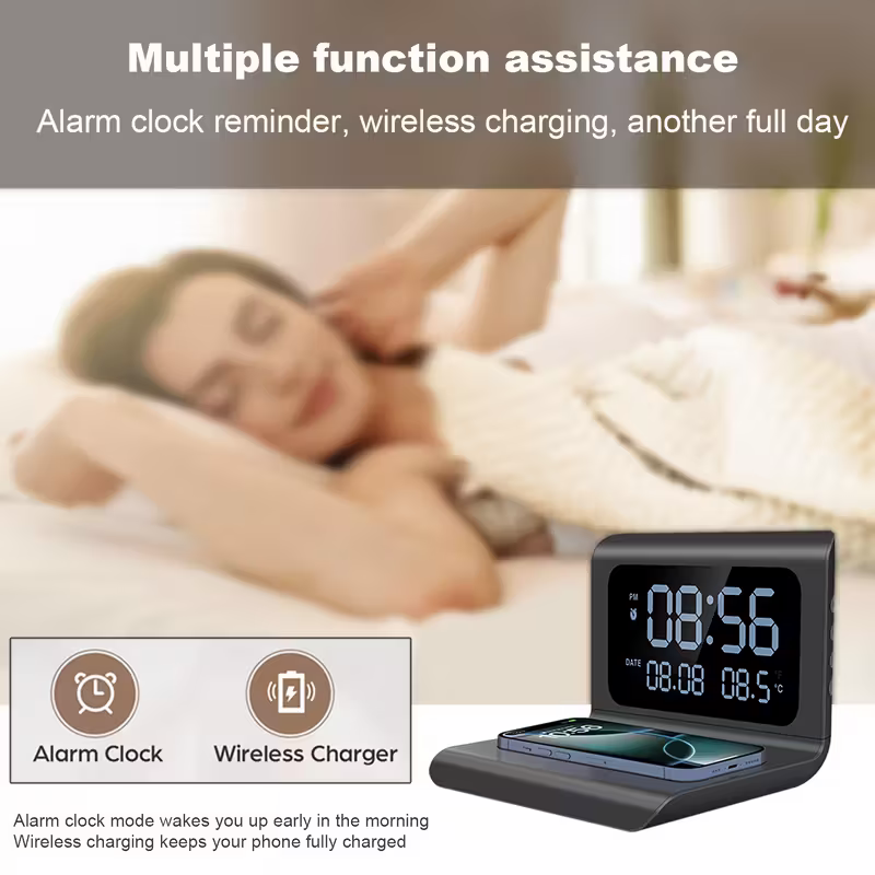 3-in-1 wireless charger, time and temperature display, bedroom desk alarm clock, iPhone 16 15 14 13 12 11 Pro Max/Mini/Plus/XR/X/8 AirPods 2/3/4/Pro/Pro 2 charging dock AirPods 4/3 /Pro/2, compatible with Samsung S25/S23/S22/S21/S20/ Galaxy Buds