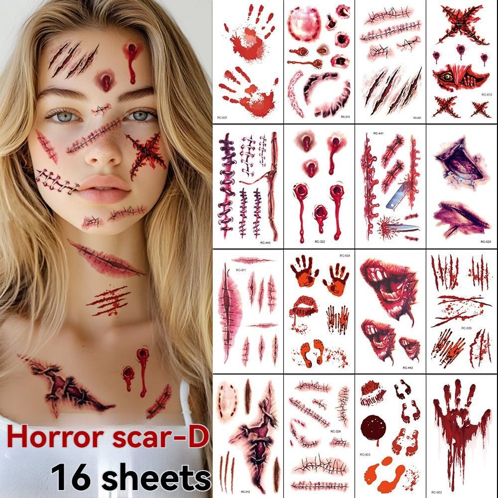Halloween Tattoos 3D Temporary Tattoos Fake Wound Stickers Blood Wounds - Red - Size scarB-12pcs