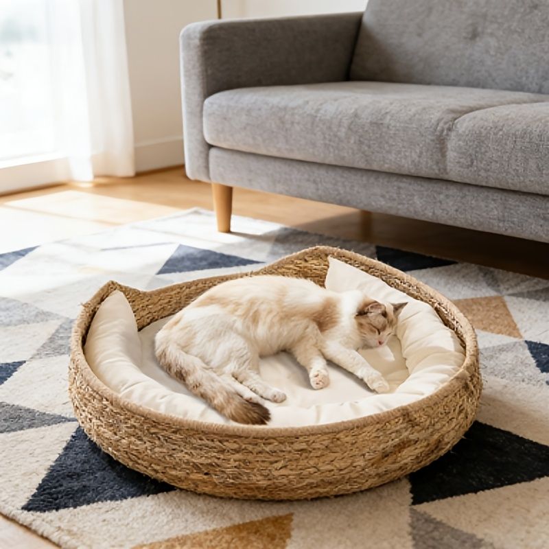 round woven cat bed, cat bed Australia, woven cat bed, cat furniture, cat resting place, cat comfort bed, pet bed Australia, small pet bed, cat sleeping bed, natural cat bed