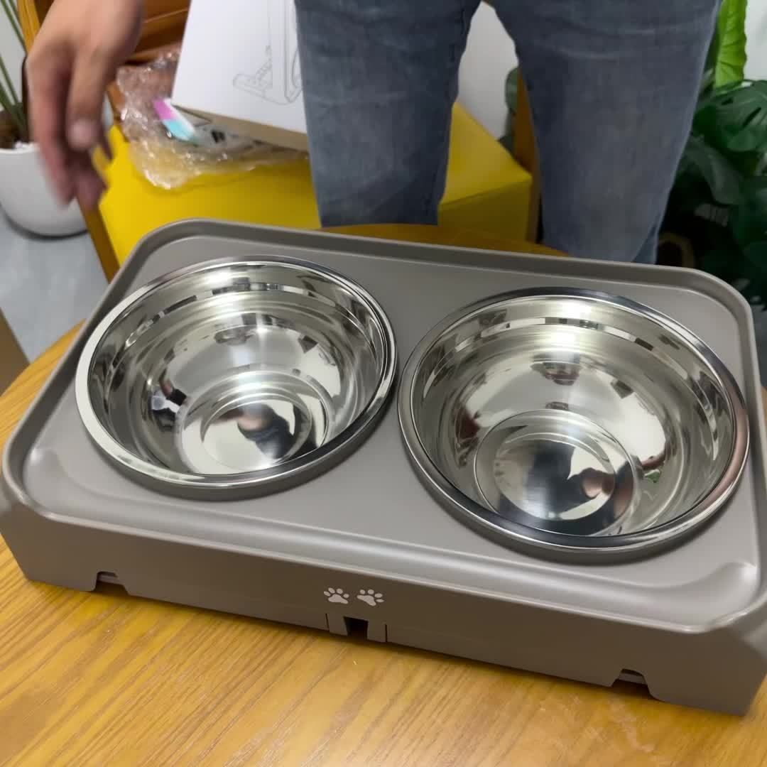 Gray Black dog feeder, elevated dog feeder, double bowl dog feeder, stainless steel dog bowls, ergonomic pet feeder, anti-slip dog bowl stand