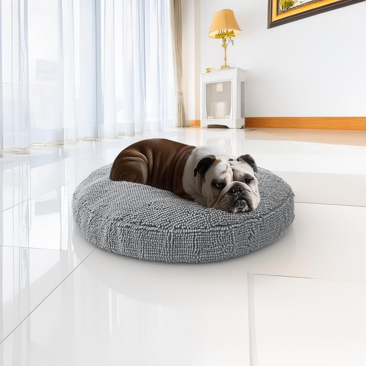 Puppy & Cat Dog Bed, Soft & Relaxing Round Dog Bed, Chenille Material, Removable Cover, Washable & Tumble Dry - Grey Small (25'x25')