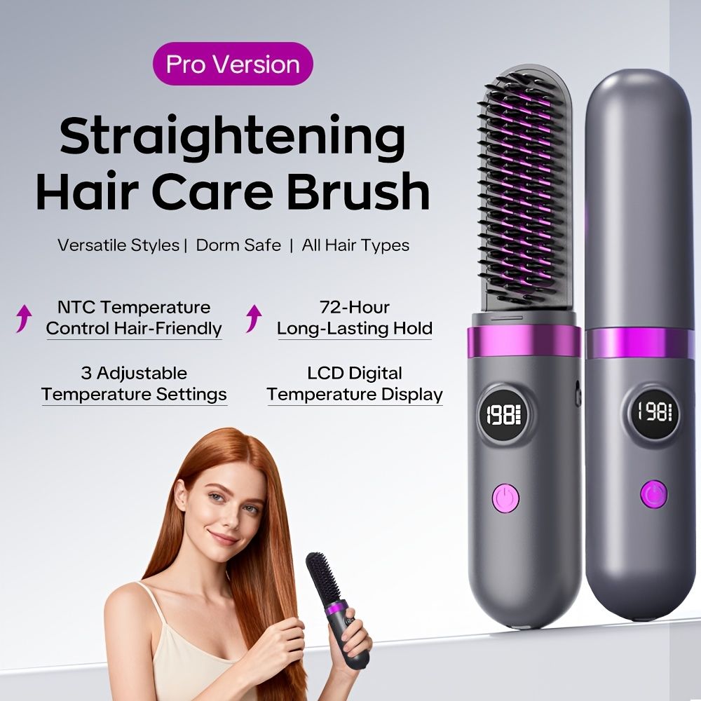 New Portable Hair Straightening Comb, USB rechargeable, 4000mAh battery, includes charging dock. Intelligent digital temperature control, dual use for straightening and curling, long-lasting hold without damaging hair(GREY)