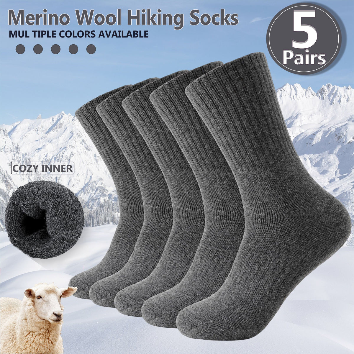 Gray Black Merino Wool Hiking Socks 5 Pack Hiking Socks Moisture Wicking Socks Breathable