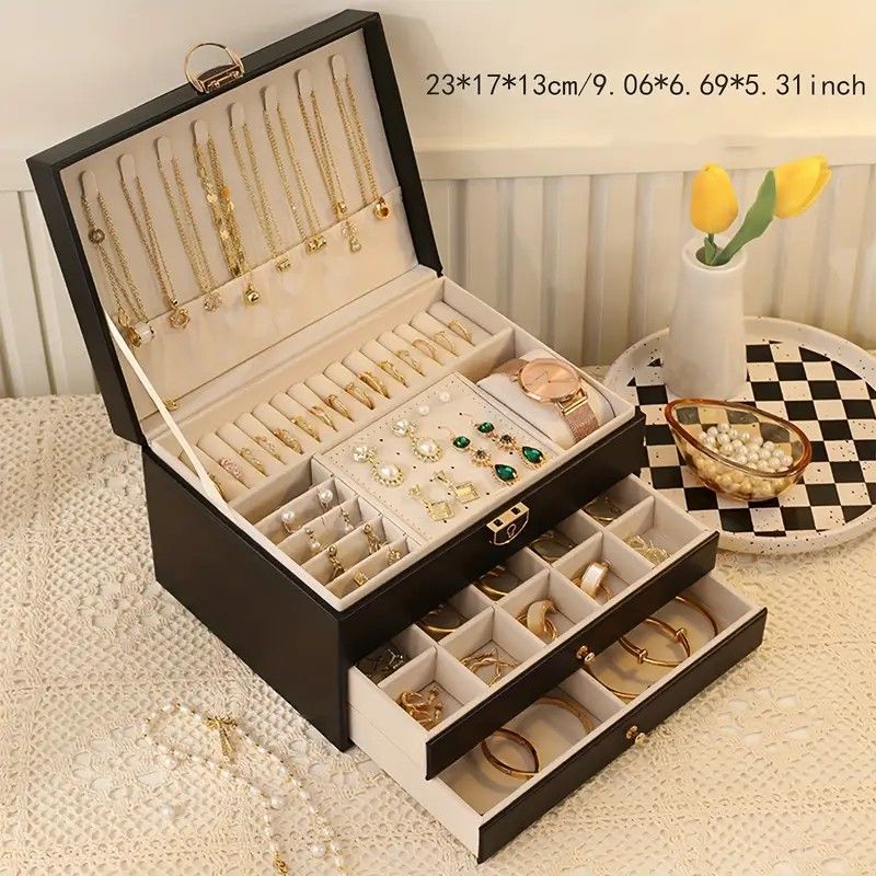 Black High-end Jewelry Storage Box for Necklaces, Earrings, Ear Studs, Bracelets, Rings, Exquisite Accessories, Gold, and Jewelry – Large Capacity, Ideal as a Gift for Mother’s Day, Father’s Day, Teacher’s Day, Halloween, Thanksgiving, and Christmas.