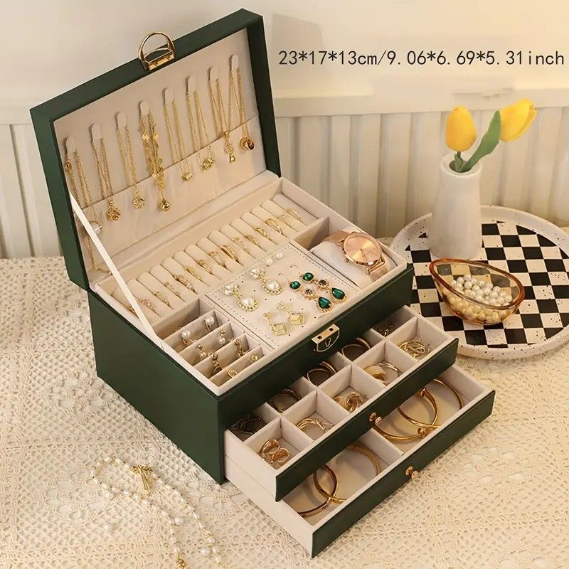 Green High-end Jewelry Storage Box for Necklaces, Earrings, Ear Studs, Bracelets, Rings, Exquisite Accessories, Gold, and Jewelry – Large Capacity, Ideal as a Gift for Mother’s Day, Father’s Day, Teacher’s Day, Halloween, Thanksgiving, and Christmas.