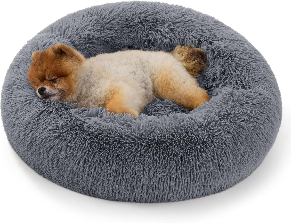Calming Donut Cat Bed - Fluffy Plush Round Pet Bed, Suitable for Indoor Cats and Small Dogs, Washable, Anxiety-Relief Soft Comfortable Blanket, 23x23 Inch, Gray (Basic Edition)