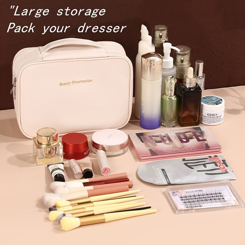 High-capacity multi-layer travel makeup organizer, featuring removable compartments and a brush holder—a portable beauty case, elegantly painted storage box, designed as a standalone unit, no assembly required.(BLACK)