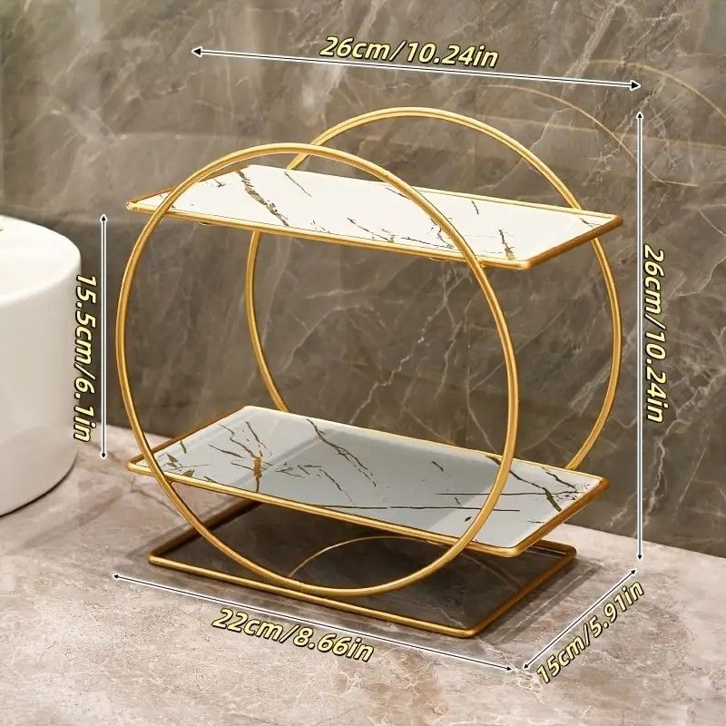 (White second floor)Elegant Golden Two-Tier Metal Cosmetic Organizer Stand - Luxury Countertop Makeup and Skincare Storage Shelf, Ideal for Bathroom Vanity, Home Decor, Dressing Table Accessories, and Perfume Storage