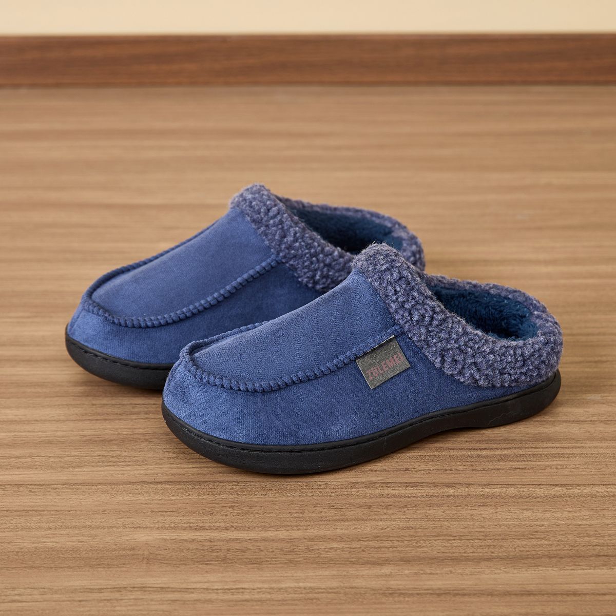 Men's Suede Slippers with Fleece Trim - Blue - Size 10(AU10/EU43)