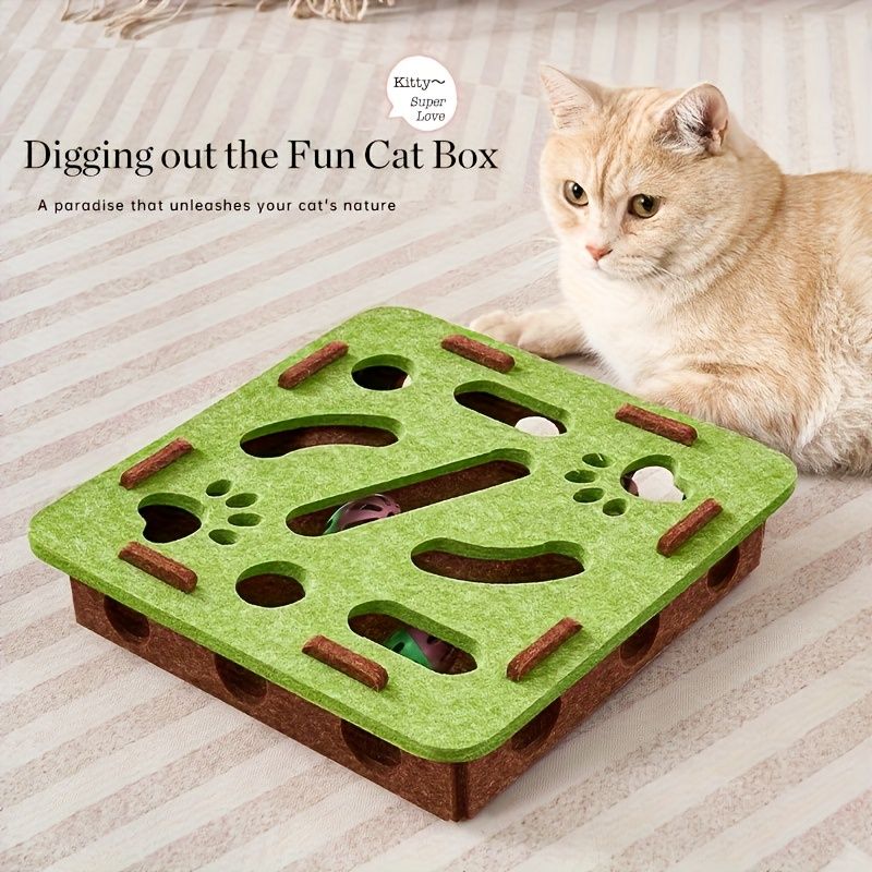 Interactive Cat Fun Box with Paw Print Design for Digging and Climbing, Includes 2 Hidden Balls, Made of Durable Plastic Material, Promotes Mental Stimulation and Exercise, Random Colors, Suitable for All Breeds and Sizes, green brown