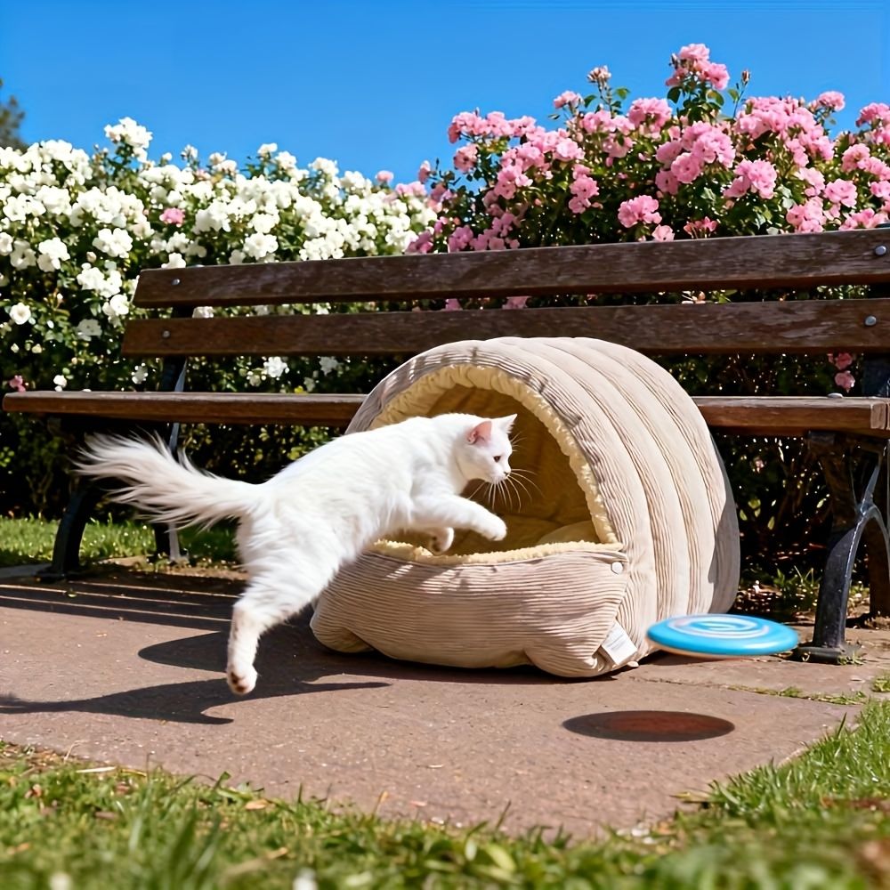 High-Elasticity Warm Cat Bed: 57×37×28cm Wrapped Design, Striped Fleece + Arctic Fleece Heat Retention, Removable & Washable(light GREEN)