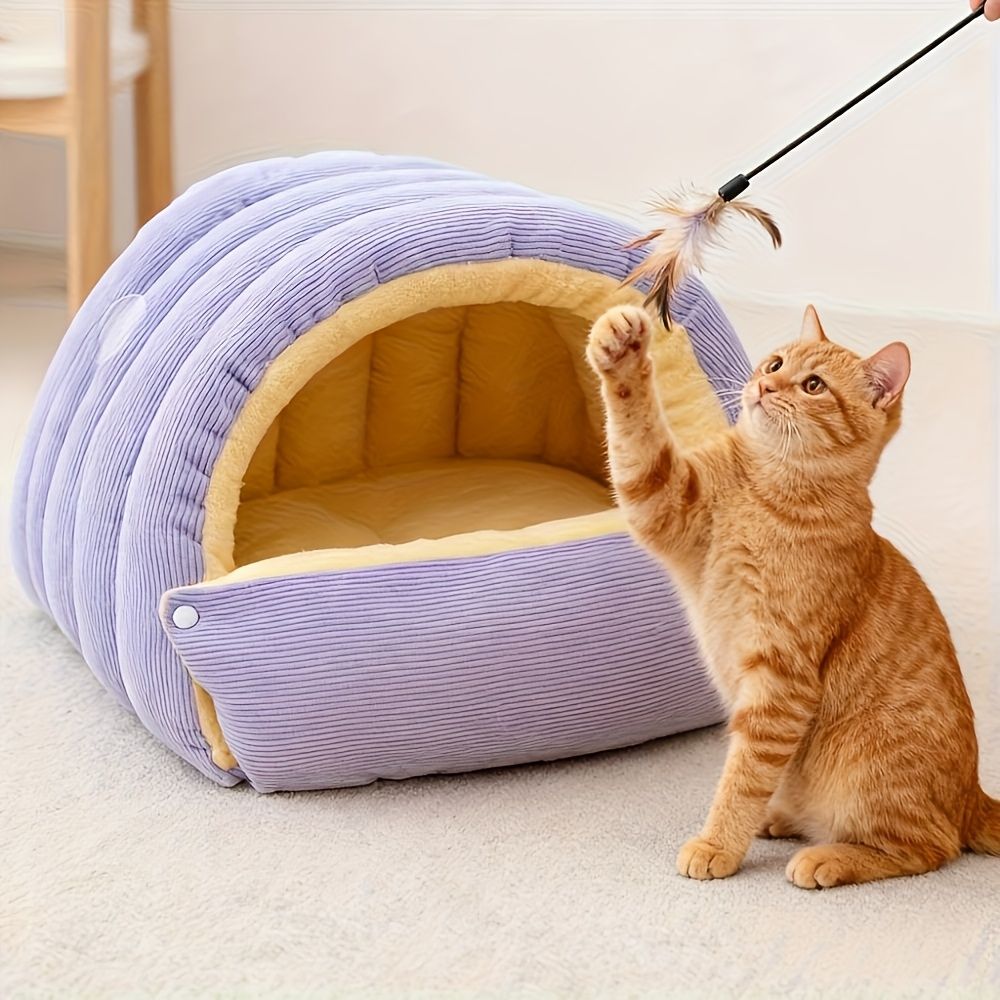 High-Elasticity Warm Cat Bed: 57×37×28cm Wrapped Design, Striped Fleece + Arctic Fleece Heat Retention, Removable & Washable(light GREEN)