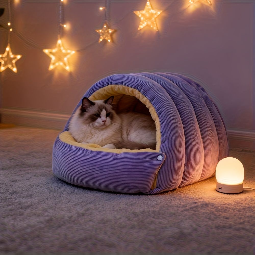 High-Elasticity Warm Cat Bed: 45×30×19cm Wrapped Design, Striped Fleece + Arctic Fleece Heat Retention, Removable & Washable(light purple)
