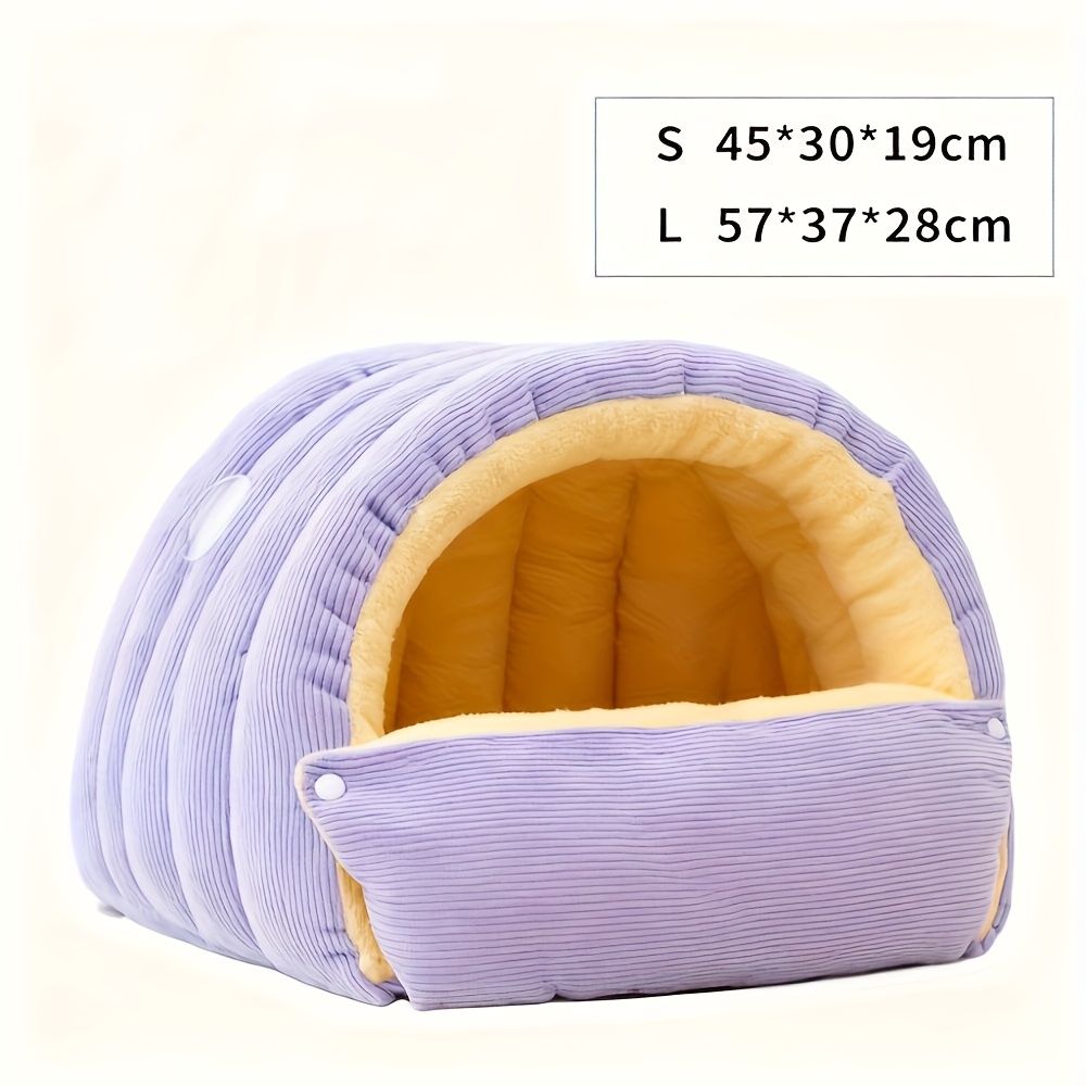 High-Elasticity Warm Cat Bed: 45×30×19cm Wrapped Design, Striped Fleece + Arctic Fleece Heat Retention, Removable & Washable(light purple)