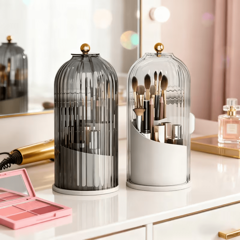 Transparent Rotating Makeup Brush Holder: 360° Rotation for Easy Access, Dust-Proof with Compartments, Neat and Portable(Transparent gray)
