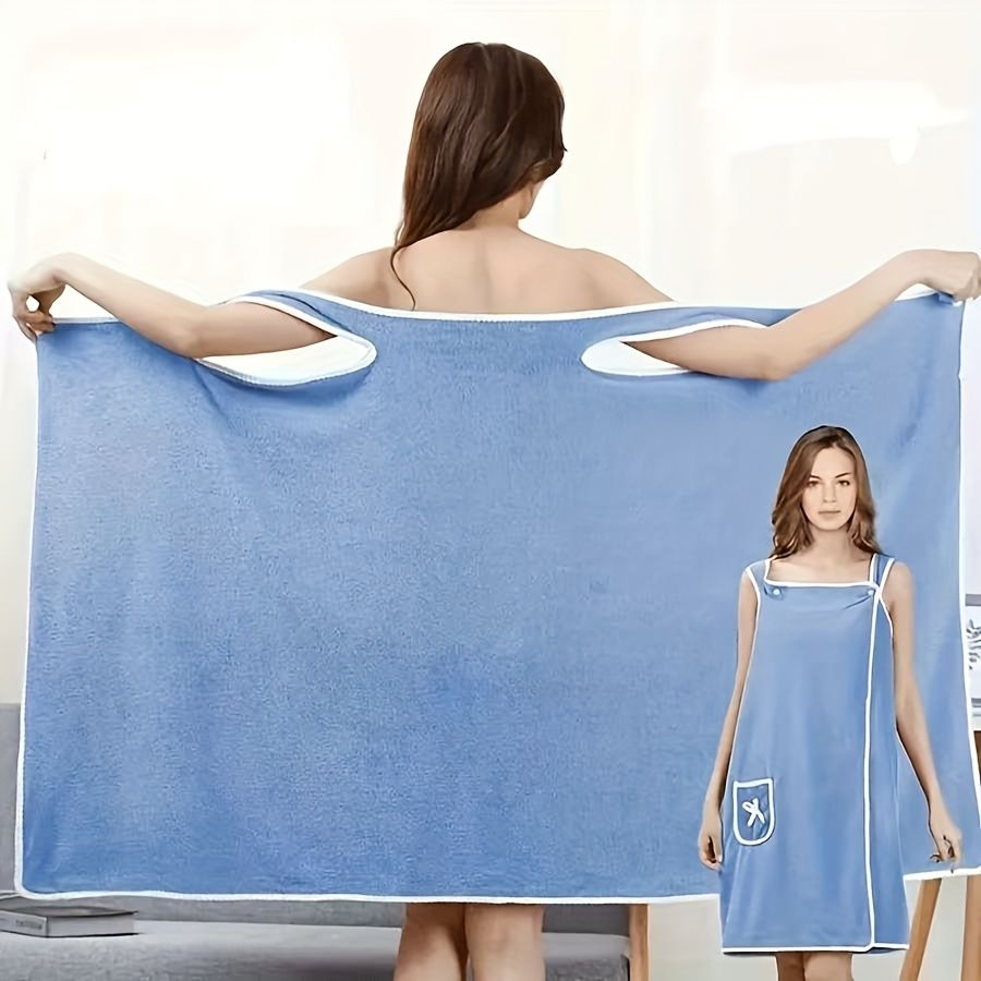 1-Piece Bath Towel with Pocket, Wearable Bath Towel, Bathroom Shower Supply, Can be Used as Robe, Nightgown, Sexy Strap Dress, Blanket, Indoor/Outdoor Fitness Sauna Shawl, Easy to Carry, Machine Washable(blue)