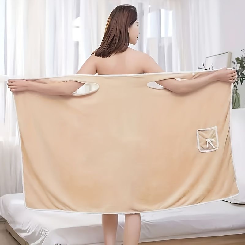 1-Piece Bath Towel with Pocket, Wearable Bath Towel, Bathroom Shower Supply, Can be Used as Robe, Nightgown, Sexy Strap Dress, Blanket, Indoor/Outdoor Fitness Sauna Shawl, Easy to Carry, Machine Washable( khaki)