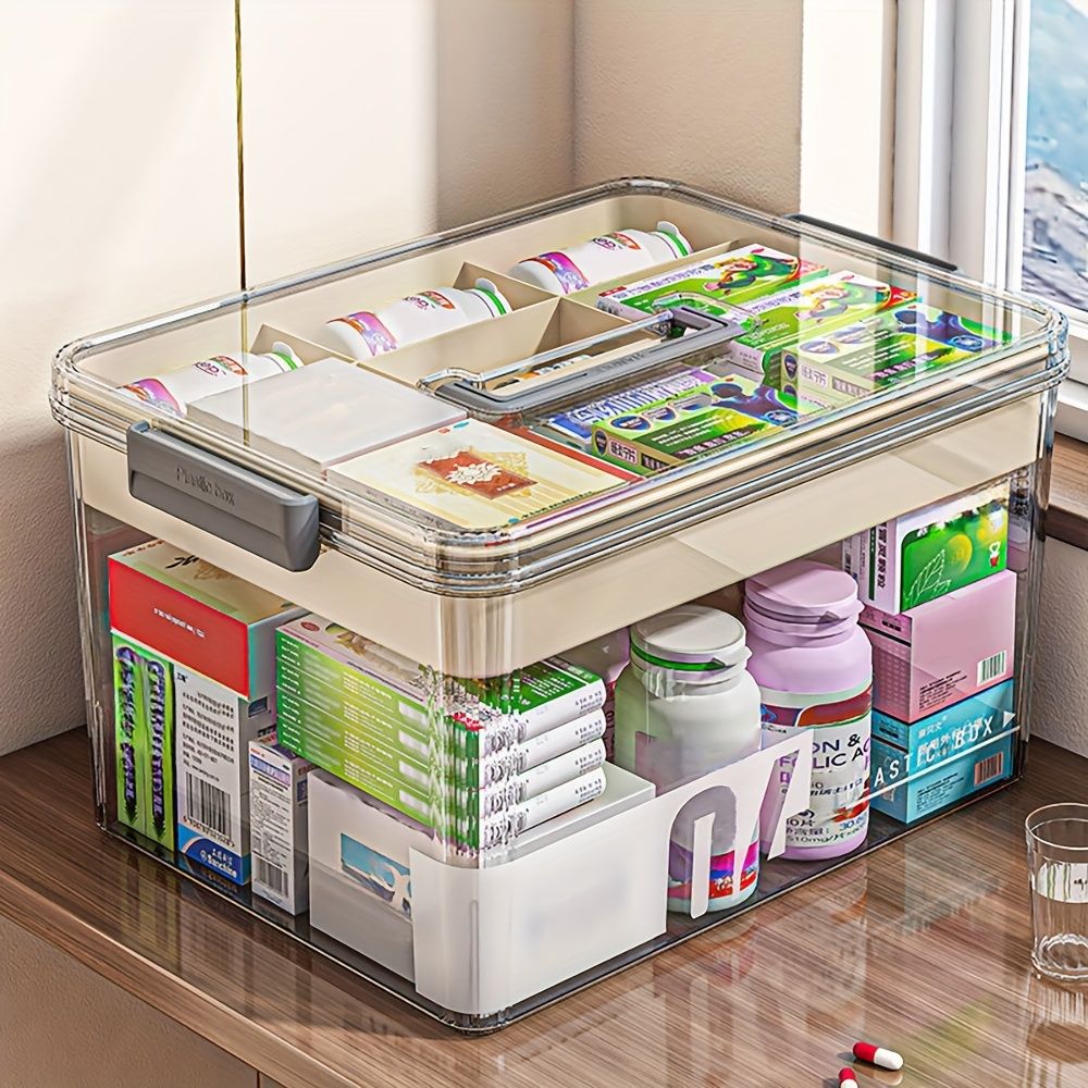Multi-Layer Large Capacity Home Medicine Box|Compartment Storage for Emergency & Backup, Shockproof Design for Quick, Hassle-Free Access(translucent gray)