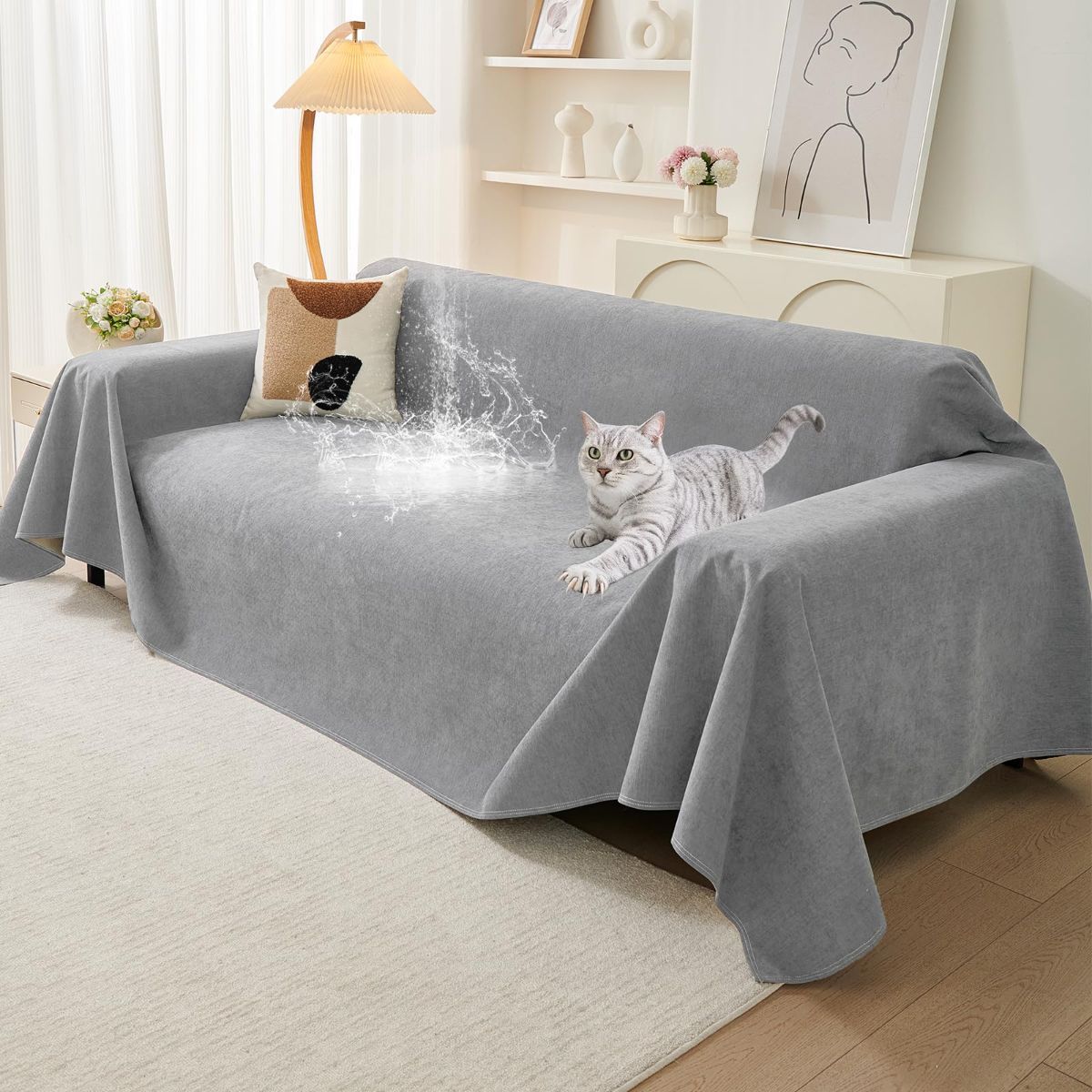 71" x 150" Couch Protector from Cat Claws, Waterproof Couch Cover Anti Slip,Couch Cover 3 Cushion Sofa Washable,Anti-Scratch Pet Sofa Cover Heavy Duty - Light Gray