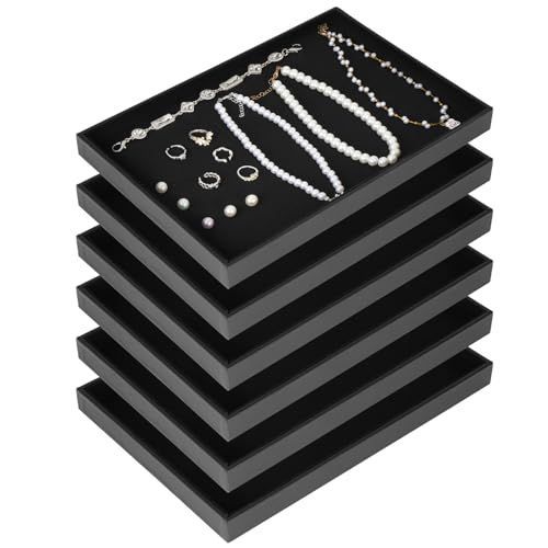 6Pack Velvet Stackable Jewelry Tray Showcase Display, Jewelry Organizer Trays for Drawers and Countertop, Empty Plates for Necklace, Ring, Bracelet, and Earring Storage Display - Black - Size 6Pack