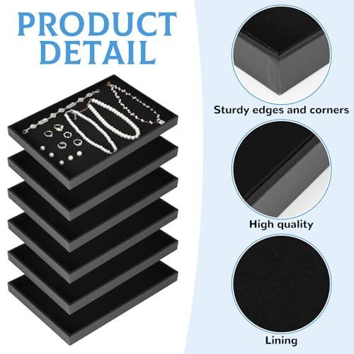 6Pack Velvet Stackable Jewelry Tray Showcase Display, Jewelry Organizer Trays for Drawers and Countertop, Empty Plates for Necklace, Ring, Bracelet, and Earring Storage Display - Black - Size 6Pack